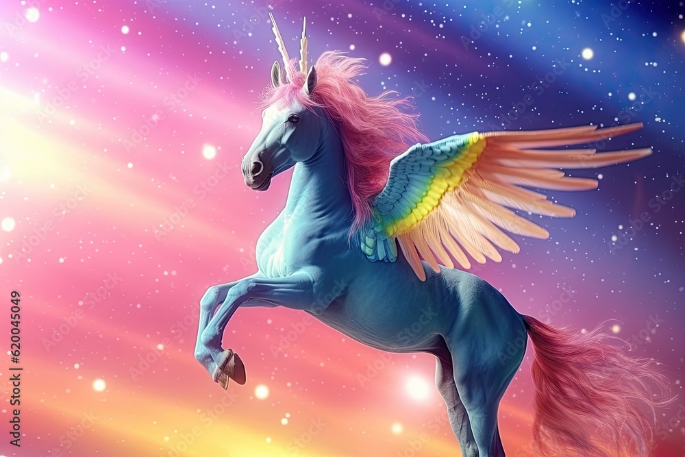 Rainbow background with winged cute unicorn with stars. Generative Ai