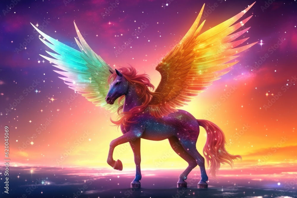 Rainbow background with winged cute unicorn with stars. Generative Ai