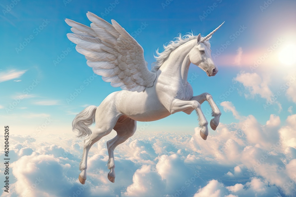 A unicorn, Majestic Pegasus horse flying high above the clouds. Flight of the Pegasus. Generative Ai