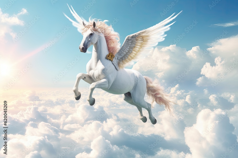 A unicorn, Majestic Pegasus horse flying high above the clouds. Flight of the Pegasus. Generative Ai