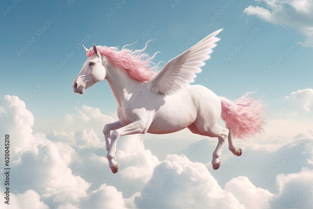 A unicorn, Majestic Pegasus horse flying high above the clouds. Flight of the Pegasus. Generative Ai