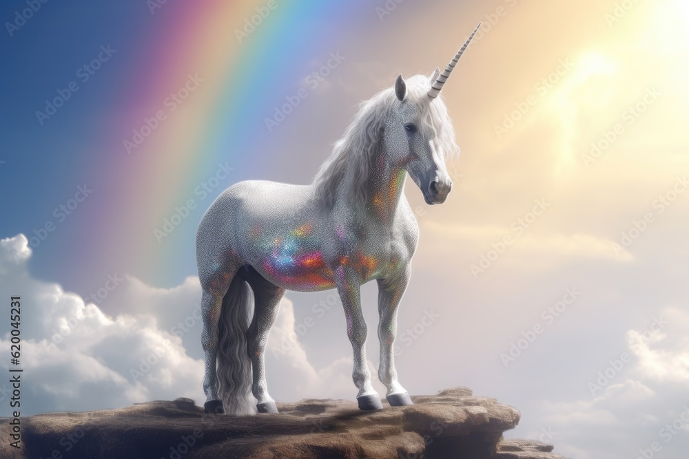 A unicorn, White pegasus unicorn in a cliff high above the clouds. Generative Ai