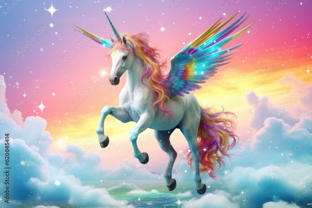 Rainbow background with winged cute unicorn with stars. Generative Ai