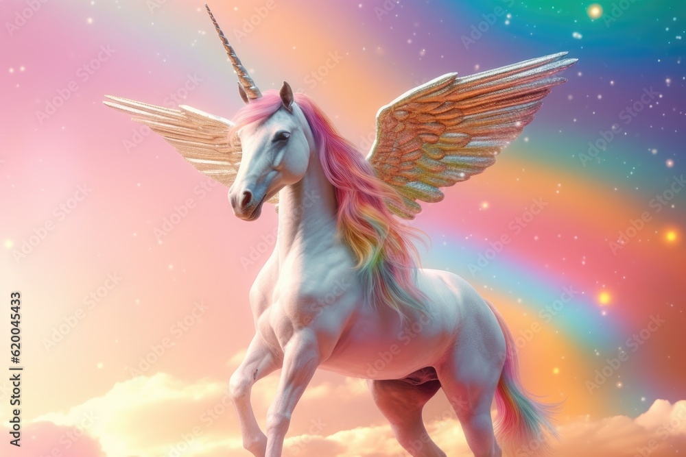 Rainbow background with winged cute unicorn with stars. Generative Ai