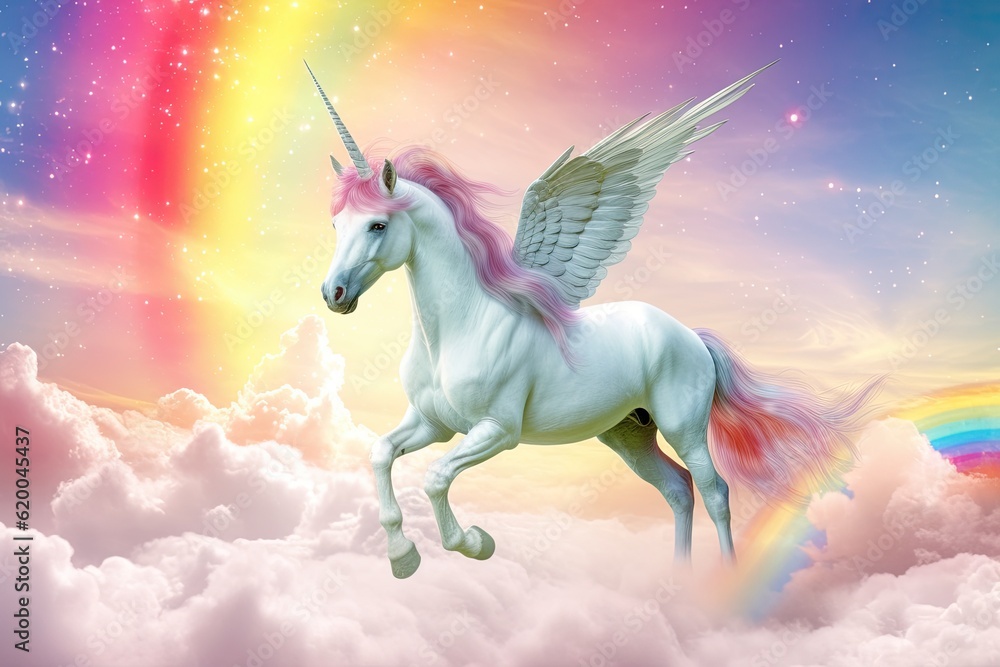 Rainbow background with winged cute unicorn with stars. Generative Ai