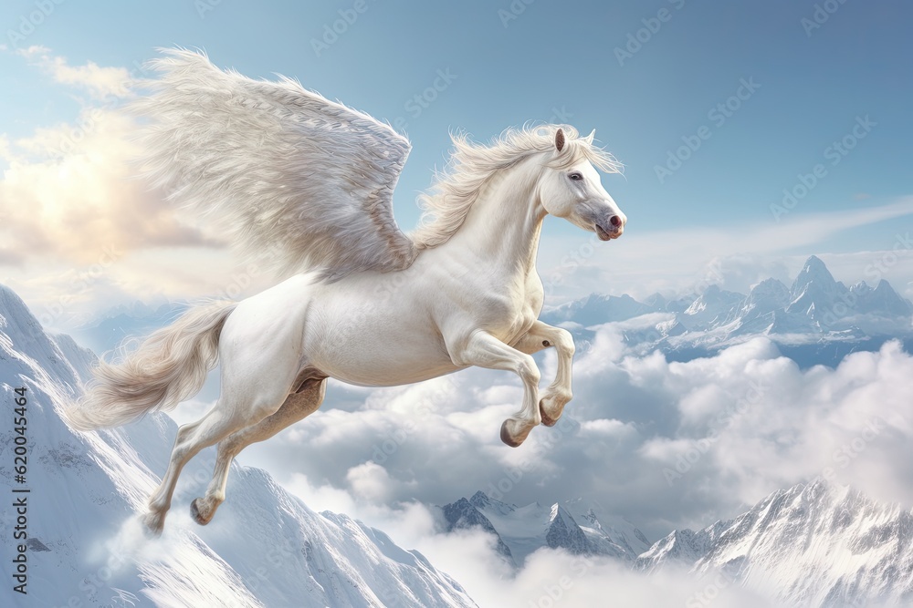 A unicorn, Majestic Pegasus horse flying high above the clouds. Flight of the Pegasus. Generative Ai