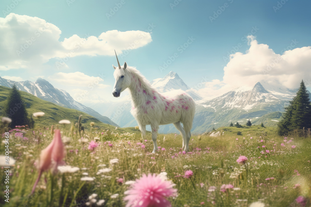 A unicorn, Magic unicorn in fantastic world with fluffy clouds and fairy meadows. Generative Ai