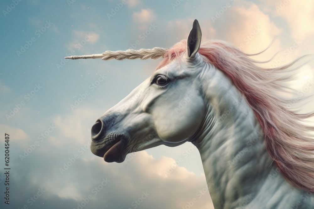 A unicorn head and horn isolated on white background. Unicorn in the skies fantasy. Generative Ai