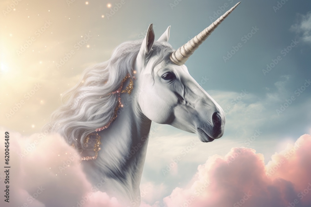 A unicorn head and horn isolated on white background. Unicorn in the skies fantasy. Generative Ai