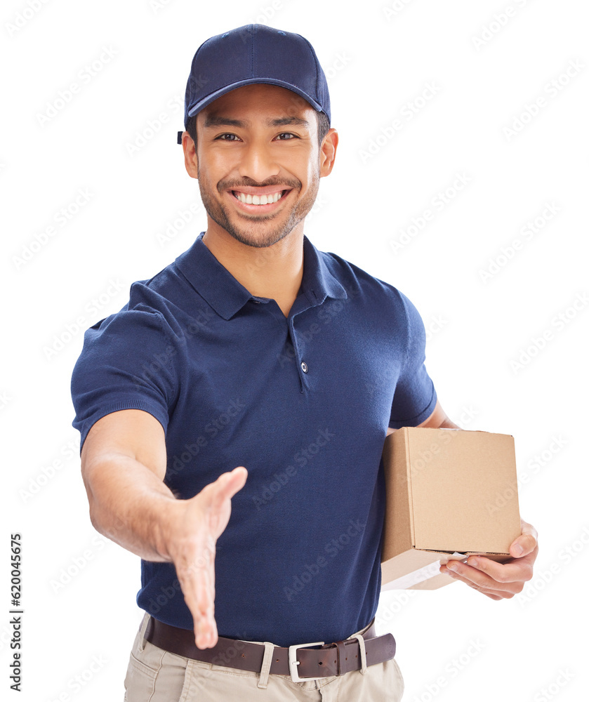 Delivery man, shipping box and handshake, introduction and agreement in portrait on png transparent 