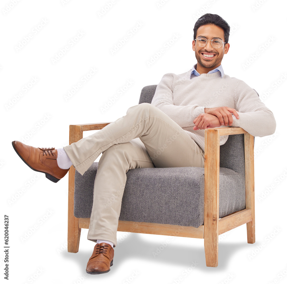 Relax, portrait or man with a smile, entrepreneur or happy guy isolated on a transparent background.