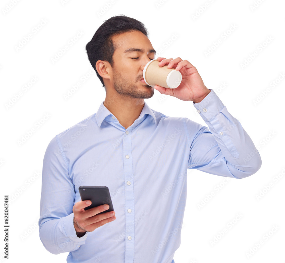 Drinking coffee, business and man with a career, smartphone and employee isolated on a transparent b