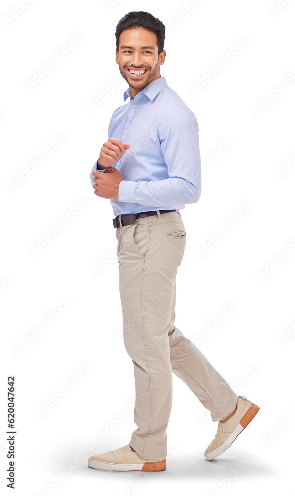 Walking, smile and business man in studio standing with confidence on isolated, transparent or png b