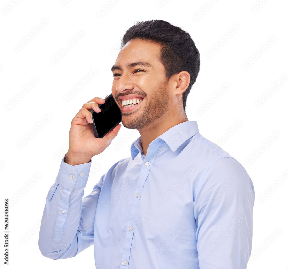 Laugh, phone call and asian man happy on isolated, transparent or png background. Smartphone, smile 