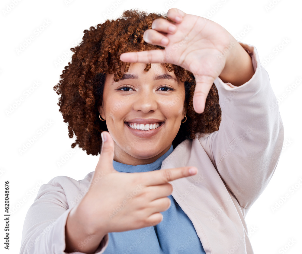 Frame hands, smile and portrait of a woman with a selfie, memory or photo. Happy, corporate and a fe