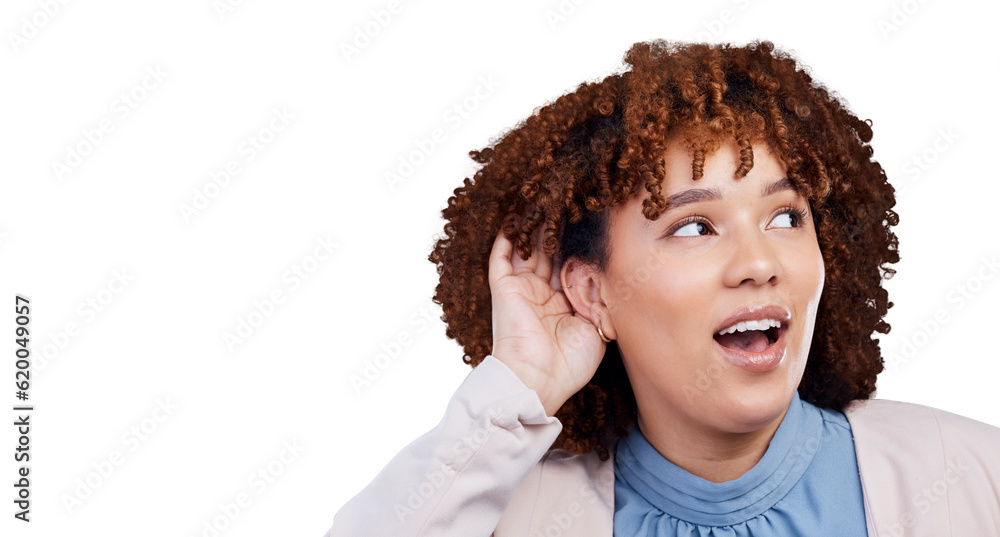 Listening, ear and African woman with secret, gossip or hearing an announcement on isolated, transpa