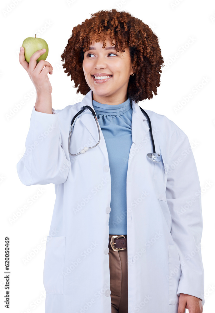 Medical, doctor and thinking with woman and apple on png for wellness, nutrition and diet. Medicine,