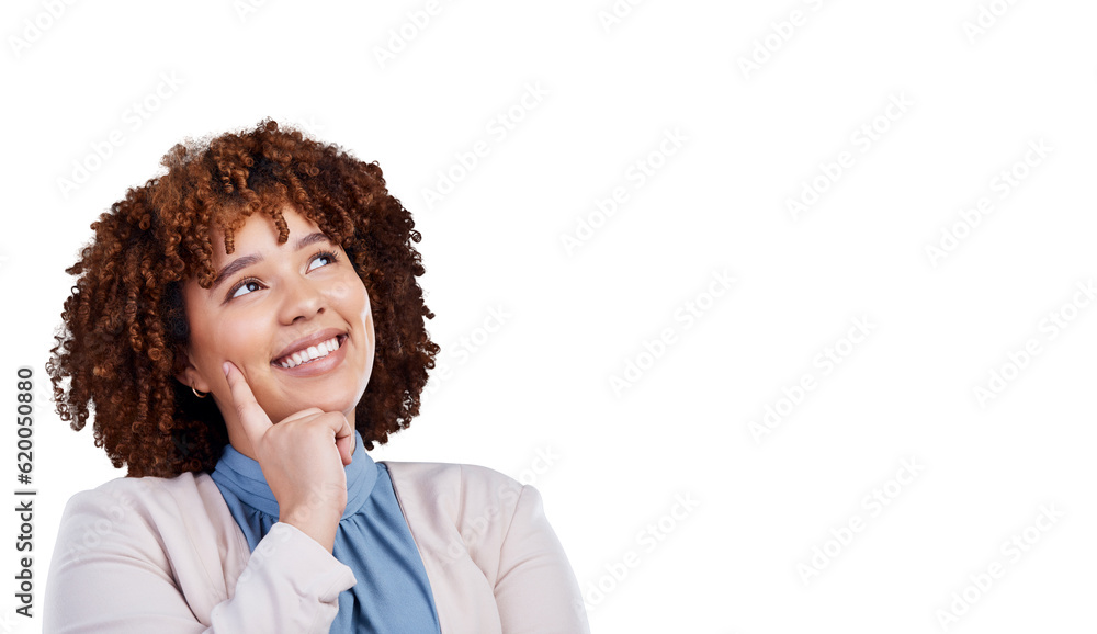 Business woman, happy and thinking, dream and inspiration with future isolated on png transparent ba