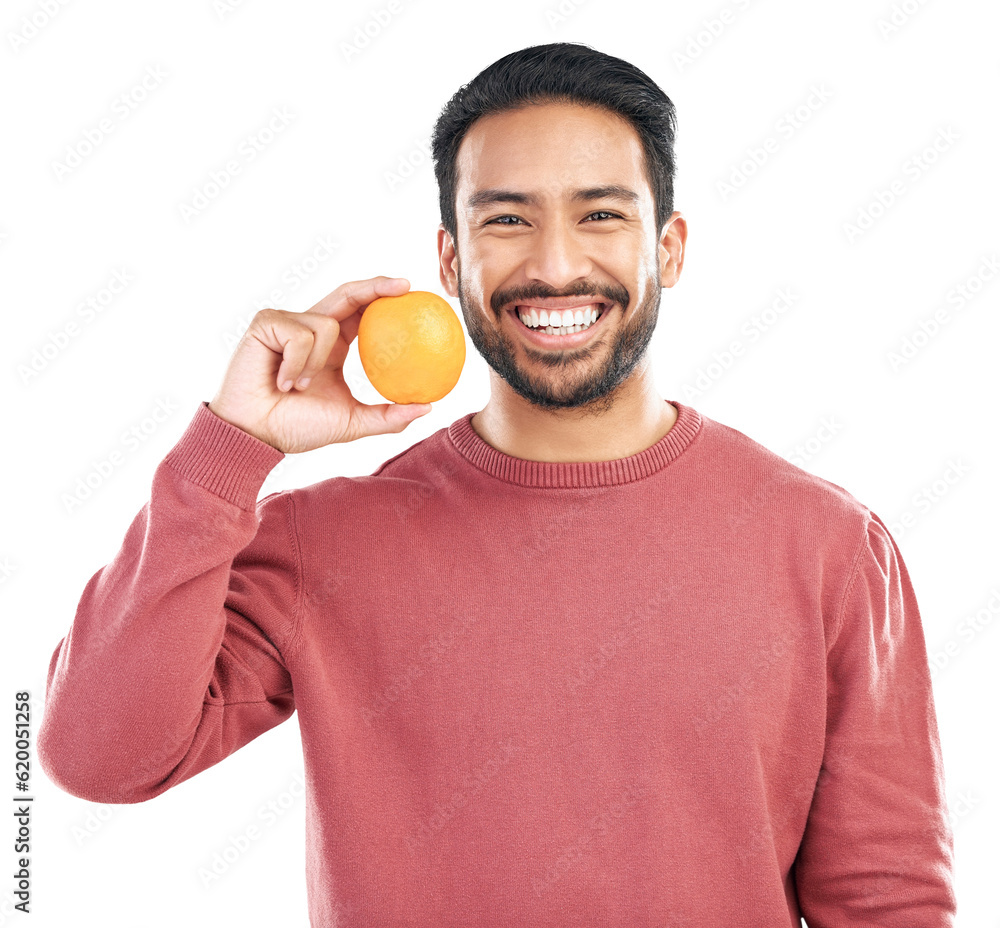 Orange fruit, portrait or happy man with wellness or healthy food isolated on transparent png backgr