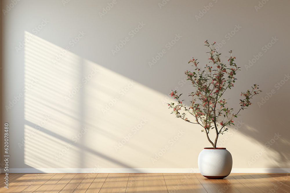 Plant against a white wall mockup. White wall mockup with brown curtain, plant and wood floor. 3D il