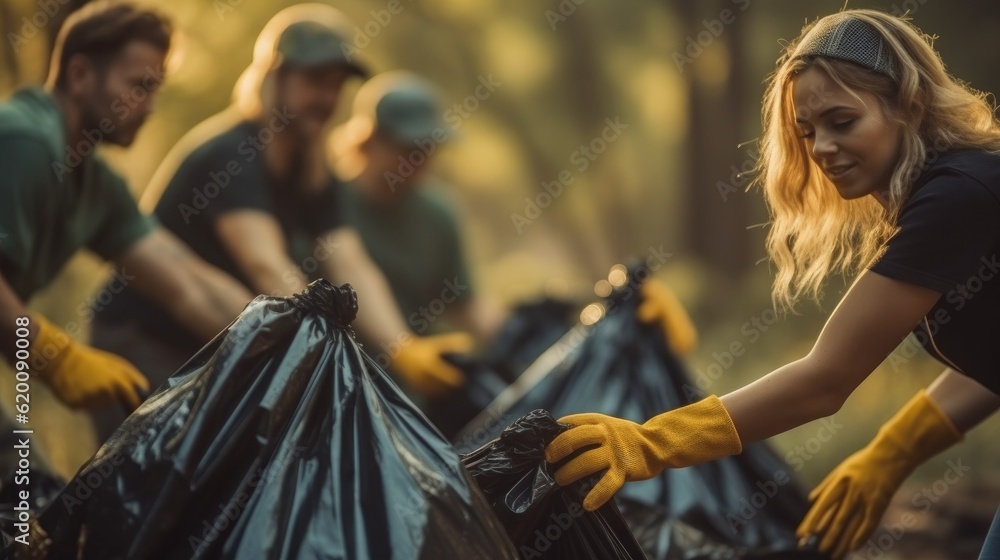 Social volunteers taking plastic trash and putting it to bin bag, Concept of care about nature.