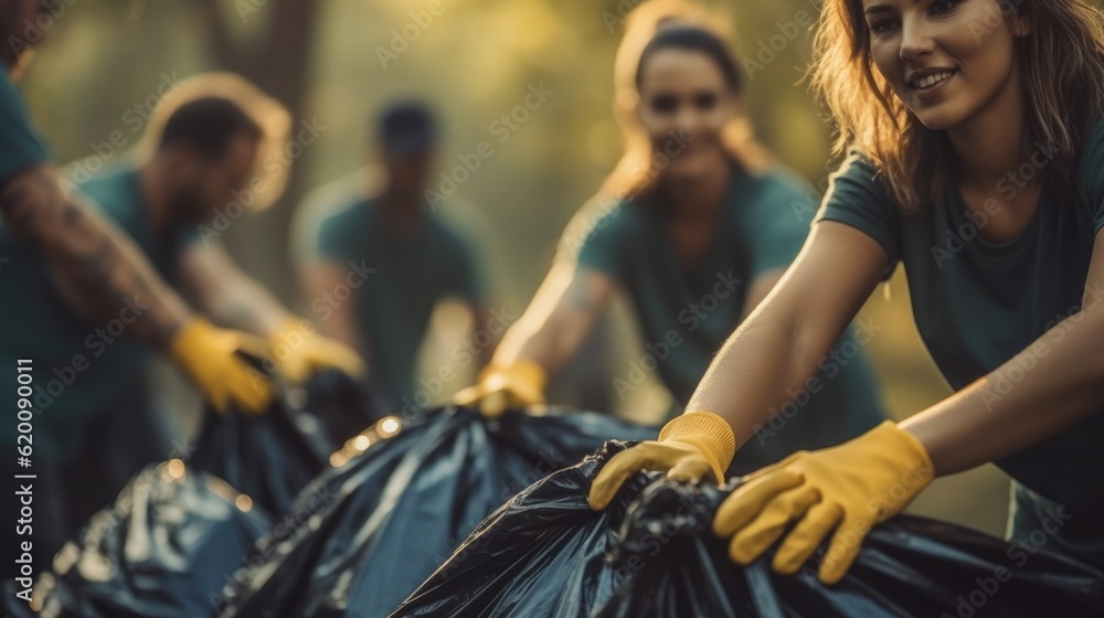 Social volunteers taking plastic trash and putting it to bin bag, Concept of care about nature.