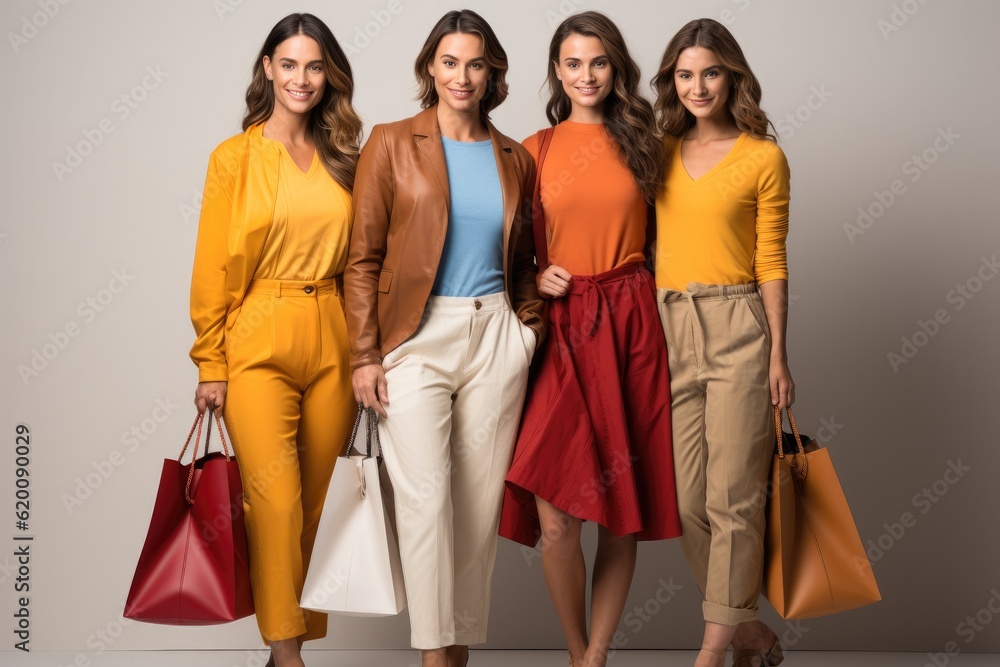 Beautiful happy women with multicolor shopping bags.