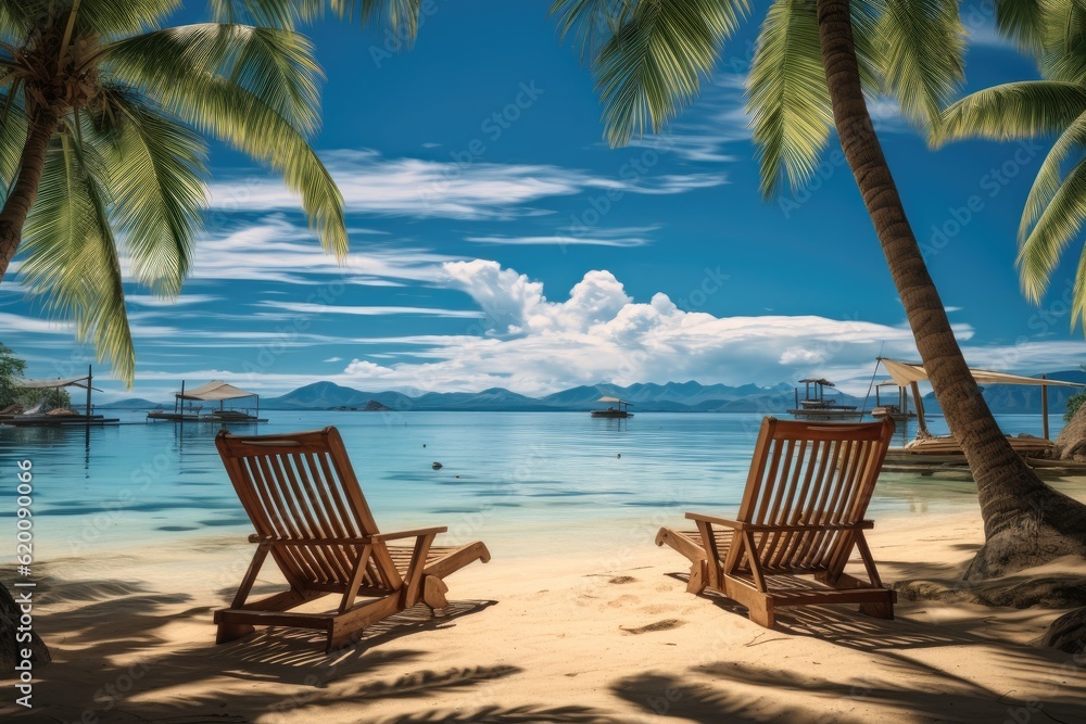 Lounge chairs and palm trees, A tropical beach nature summer scene, Amazing summer travel concept.