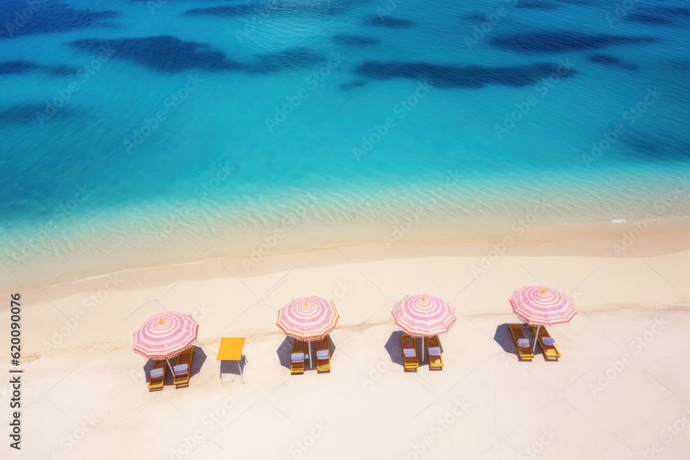 White sand sun beds chairs and umbrella travel tourism, Aerial tropical beach.