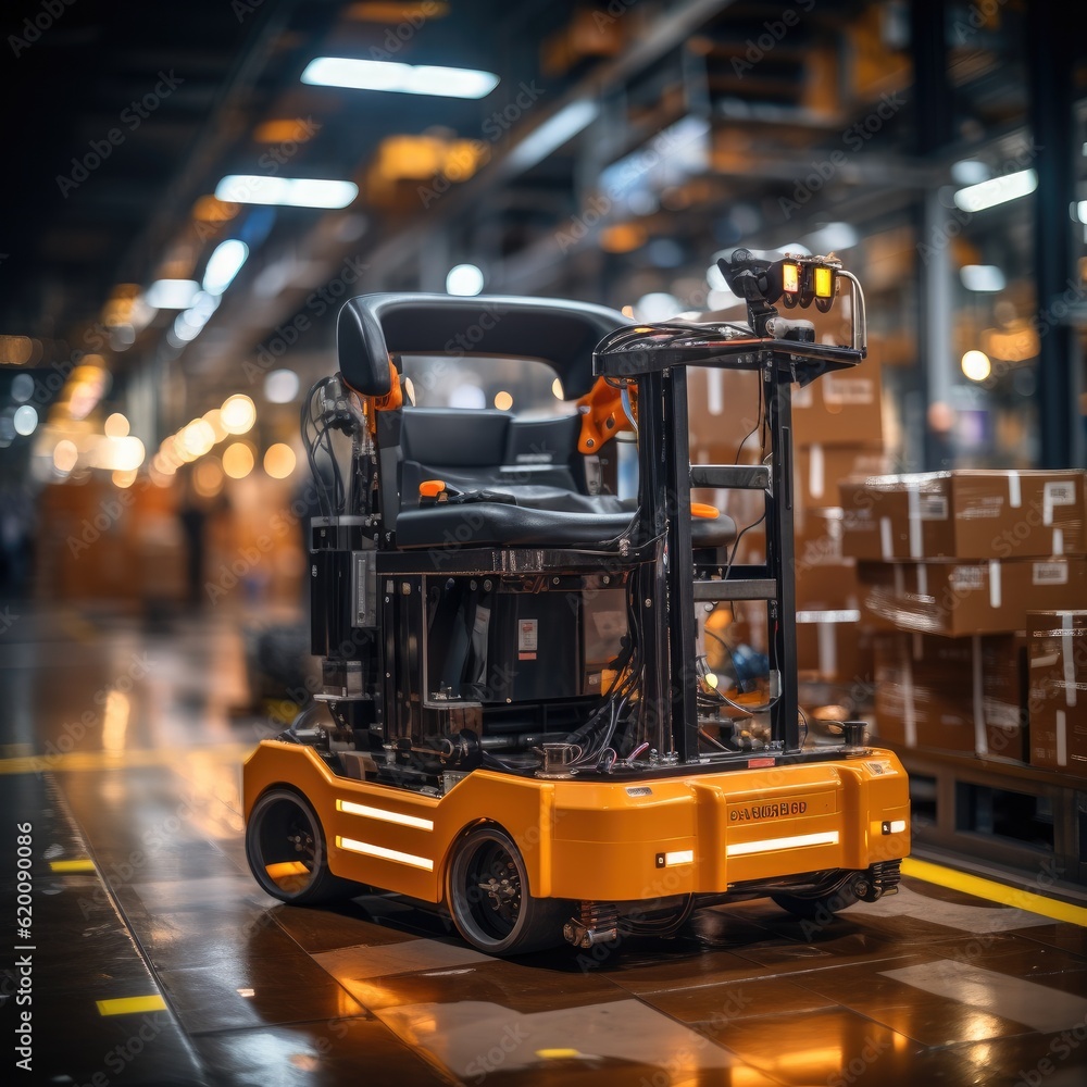 The Robot arm picks up the box Autonomous, Factory 4.0 concept, The robot is delivering the goods In