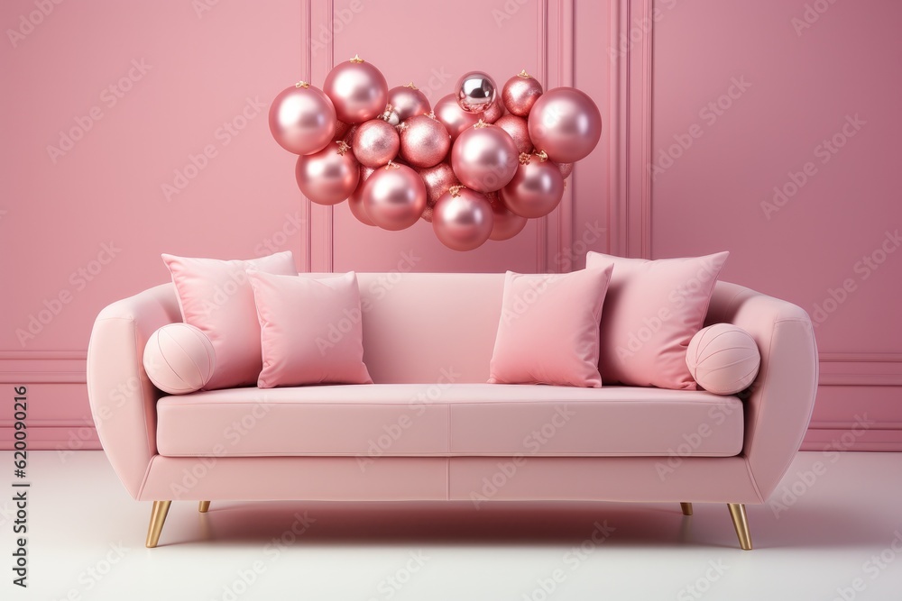 Pink sofa with Christmas bauble decoration, Happy holidays, Beautiful Christmas interior, Christmas 