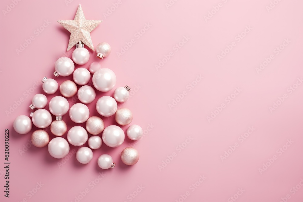 Christmas tree made of pink ball decoration on pink background, Festive decorations, Xmas background