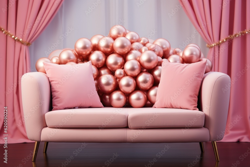 Pink sofa with Christmas bauble decoration, Happy holidays, Beautiful Christmas interior, Christmas 