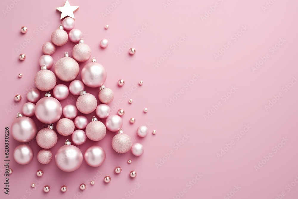 Christmas tree made of pink ball decoration on pink background, Festive decorations, Xmas background