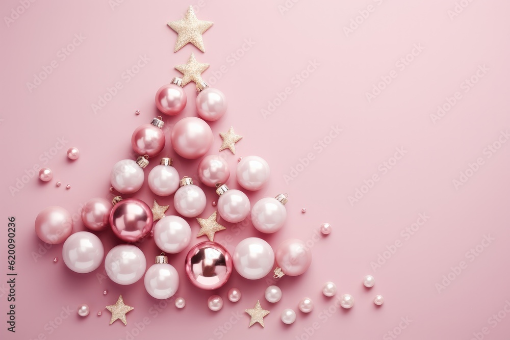 Christmas tree made of pink ball decoration on pink background, Festive decorations, Xmas background