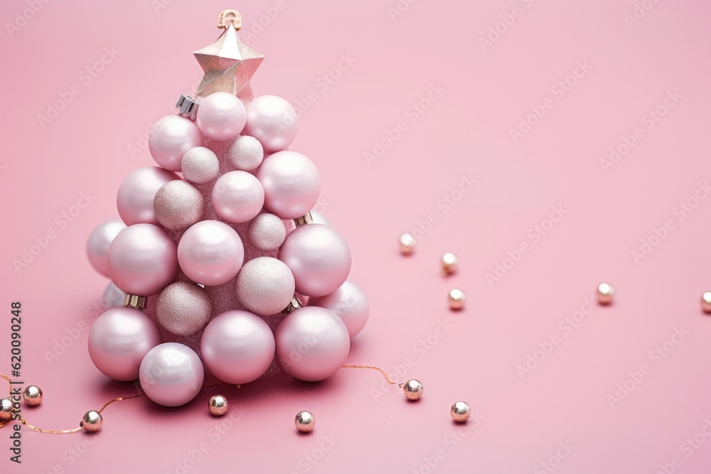 Christmas tree made of pink ball decoration on pink background, Festive decorations, Xmas background