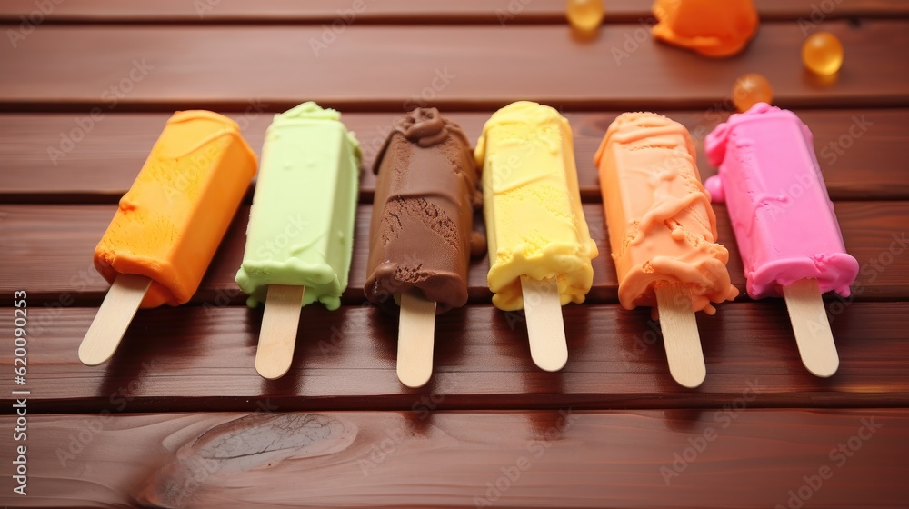 Colorful ice cream on wooden table.