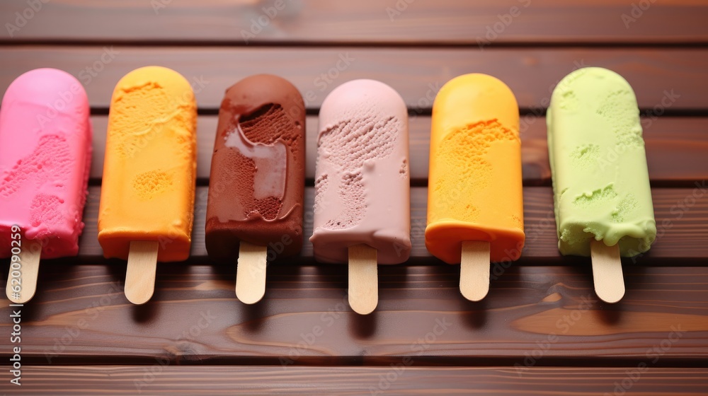 Colorful ice cream on wooden table.