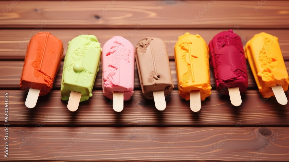 Colorful ice cream on wooden table.