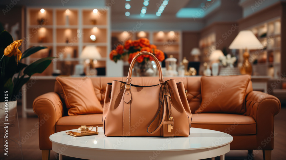 Orange women fashion leather tote bag in clothing store.