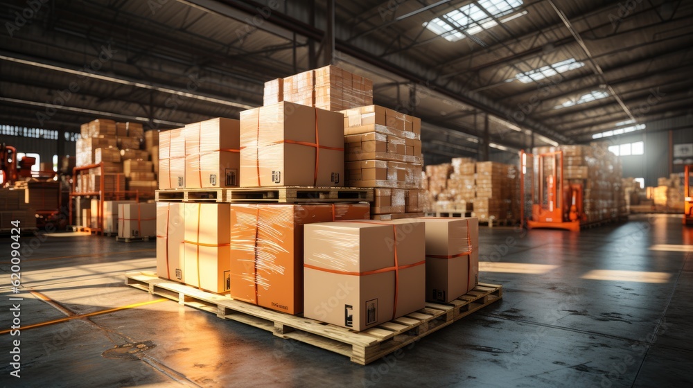 Rows of material boxes or product boxes in warehouse area, Modern warehouse or industrial shelves wi