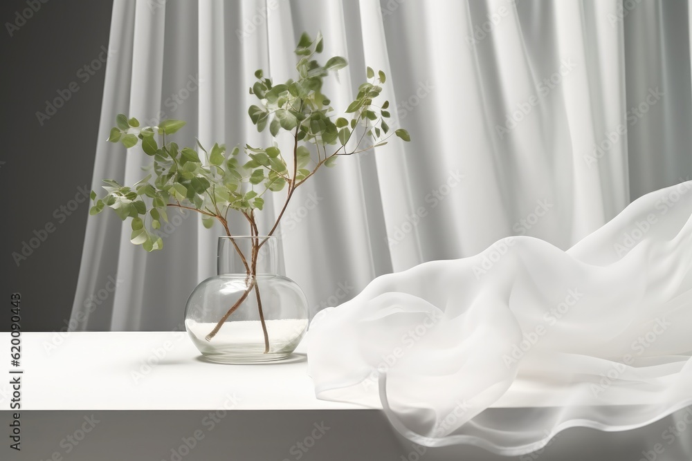 Green tree twig in glass vase on counter table, Soft blowing sheer fabric curtain in sunlight for lu