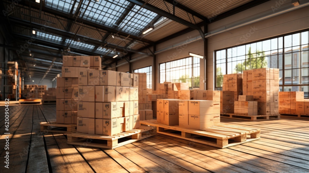 Distribution warehouse, Delivery concept. Boxes on pallet in the warehouse.