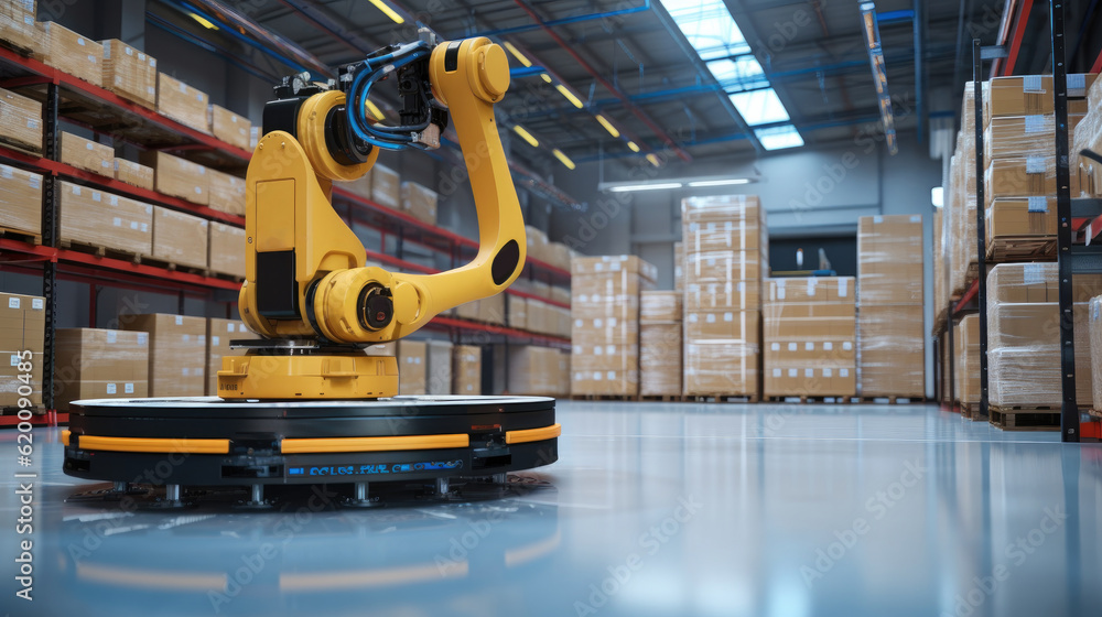 The Robot arm picks up the box Autonomous, Factory 4.0 concept, The robot is delivering the goods In