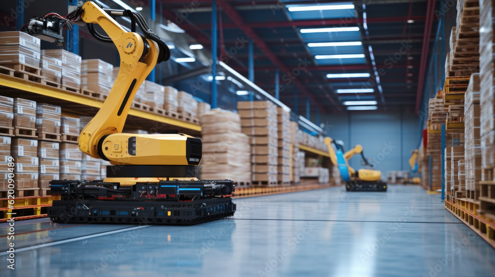 Automated retail warehouse with robots efficiently sorting parcels, Automated Robotic Arm In Smart D