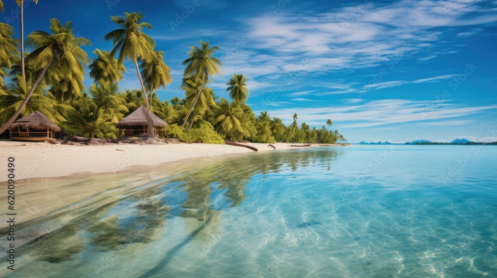 Sandy beach with palm Fantastic tropical island for travel, Sunny blue sky holiday vacation backgrou