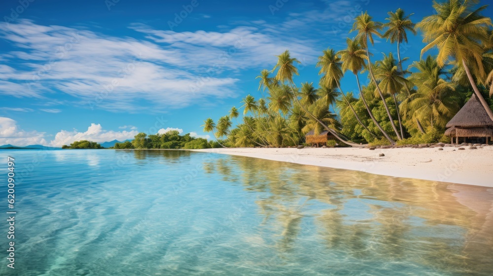 Sandy beach with palm Fantastic tropical island for travel, Sunny blue sky holiday vacation backgrou