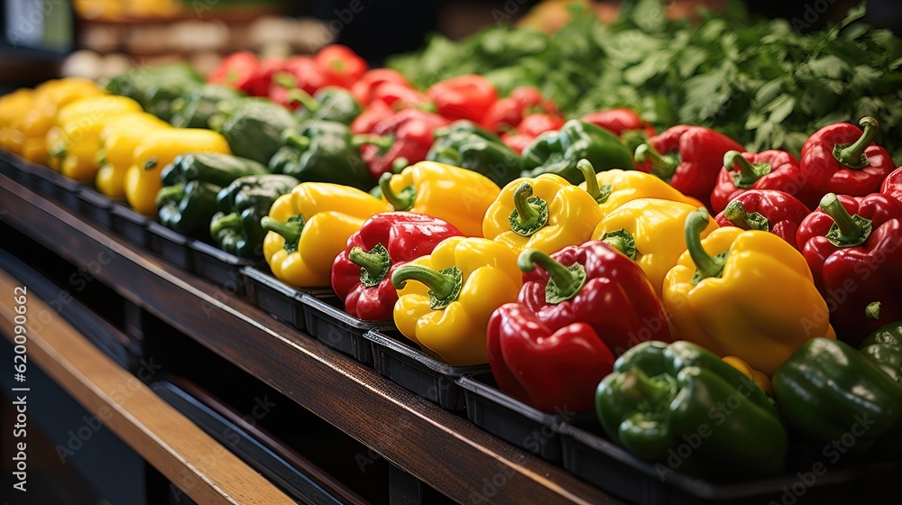 Chili in a shelf, Colorful fresh green pepper or bell pepper in display shelf ready to be sold in su