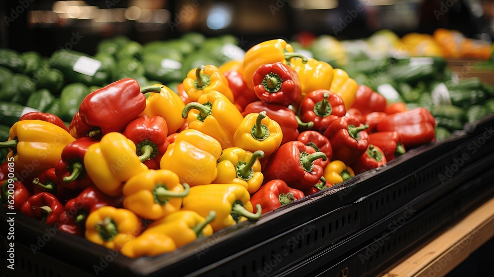 Fresh peppers and vegetables on display at a supermarket, Stack of Colorful Paprika.