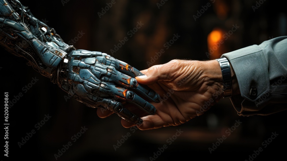 Close up hand of AI modern robot shake hand with human, Successful cooperation concept, The interact